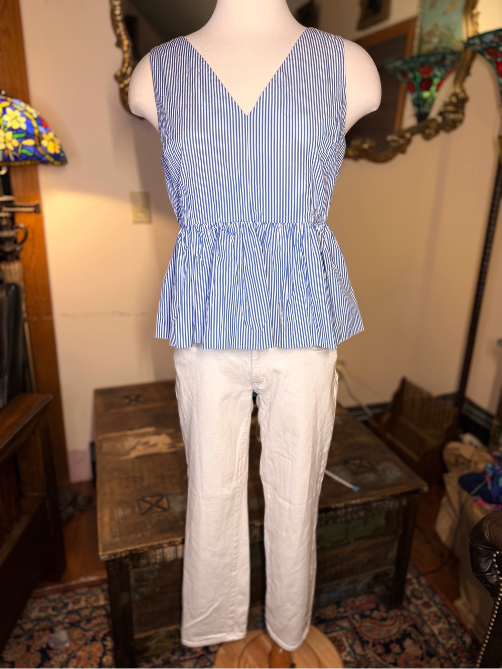 OUTFIT! JCrew Blue Striped V-Neck Peplum Top w/Eddie Bauer White Jeans